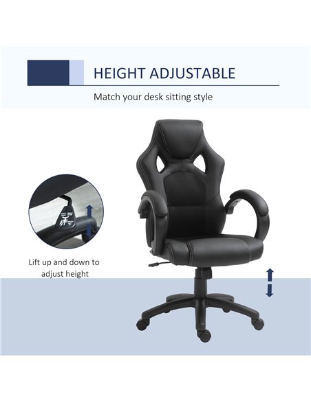 HOMCOM High-Back Gaming Chair Swivel Home Office Computer Racing Gamer Desk Chair Faux Leather with Wheels, Black - pic 9746 | FastDaddyshop