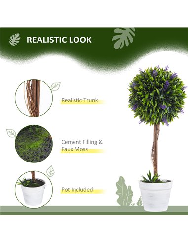 HOMCOM Artificial Lavender Topiary Balls Set of 2: Decorative Faux Plants in Pots for Indoor Outdoor Ambience, 60cm. 830-704V00G