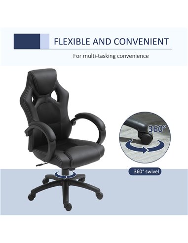 HOMCOM High-Back Gaming Chair Swivel Home Office Computer Racing Gamer Desk Chair Faux Leather with Wheels, Black