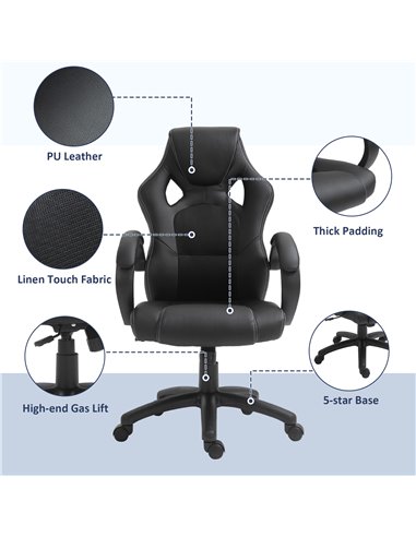 HOMCOM High-Back Gaming Chair Swivel Home Office Computer Racing Gamer Desk Chair Faux Leather with Wheels, Black
