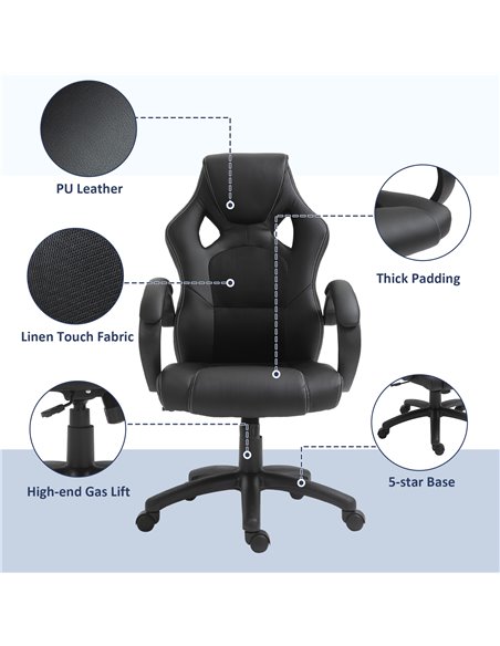 HOMCOM High-Back Gaming Chair Swivel Home Office Computer Racing Gamer Desk Chair Faux Leather with Wheels, Black - pic 9749 | FastDaddyshop
