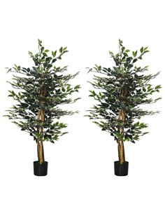 HOMCOM Set of 2 Artificial Ficus Trees, 130cm Tall with Realistic Leaves & Natural Trunks, Indoor/Outdoor Decor, Green 830-P086