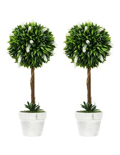 HOMCOM Set of 2 Decorative Artificial Plants Ball Trees with Flower for Home Indoor Outdoor Decor, 60cm ,White 830-704V00WT