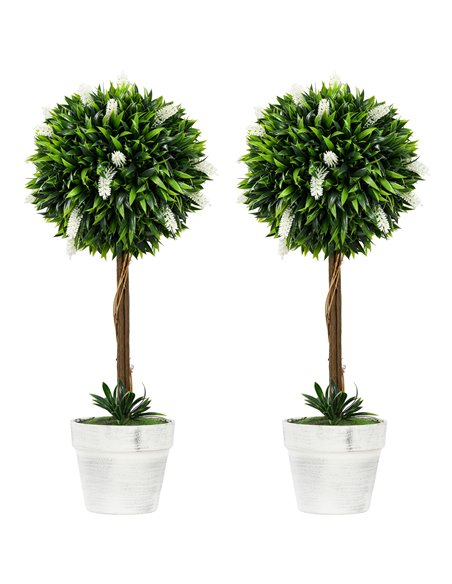 HOMCOM Set of 2 Decorative Artificial Plants Ball Trees with Flower for Home Indoor Outdoor Decor, 60cm ,White 830-704V00WT - pic 97643 | FastDaddyshop