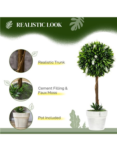 HOMCOM Set of 2 Decorative Artificial Plants Ball Trees with Flower for Home Indoor Outdoor Decor, 60cm ,White 830-704V00WT - pic 97646 | FastDaddyshop
