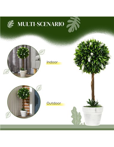 HOMCOM Set of 2 Decorative Artificial Plants Ball Trees with Flower for Home Indoor Outdoor Decor, 60cm ,White 830-704V00WT