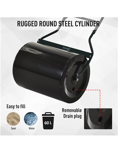 Outsunny φ50cm Steel Garden Lawn Roller Push Pull w/ Fillable Cylinder Water Sand Plug Lawn Flatten Seed Sow Rolling Drum w/ Han