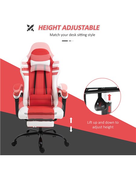 Vinsetto PU Leather Gaming Chair w/ Headrest, Footrest, Wheels, Adjustable Height, Racing Gamer Recliner, Red White - pic 9786 | FastDaddyshop