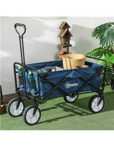 Outsunny Folding Wagon Cart, Pull Along Trolley for Beach and Garden Use, with Telescopic Handle, Blue 845-340GN