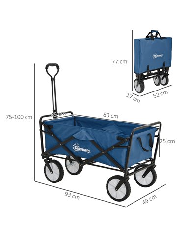 Outsunny Folding Wagon Cart, Pull Along Trolley for Beach and Garden Use, with Telescopic Handle, Blue 845-340GN
