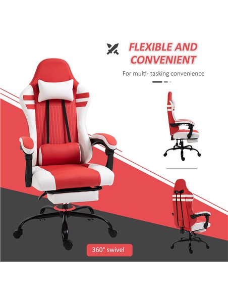 Vinsetto PU Leather Gaming Chair w/ Headrest, Footrest, Wheels, Adjustable Height, Racing Gamer Recliner, Red White - pic 9788 | FastDaddyshop