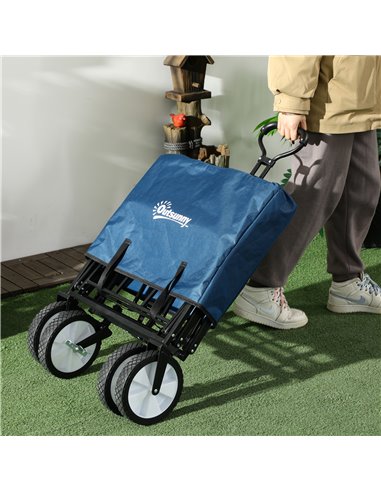 Outsunny Folding Wagon Cart, Pull Along Trolley for Beach and Garden Use, with Telescopic Handle, Blue 845-340GN