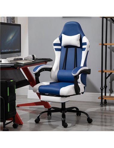 Vinsetto PU Leather Gaming Chair w/ Headrest, Footrest, Wheels, Adjustable Height, Racing Gamer Recliner, Blue White