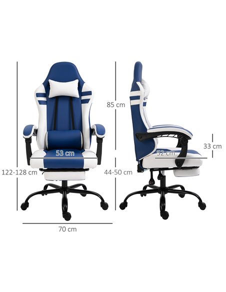 Vinsetto PU Leather Gaming Chair w/ Headrest, Footrest, Wheels, Adjustable Height, Racing Gamer Recliner, Blue White - pic 9793 | FastDaddyshop