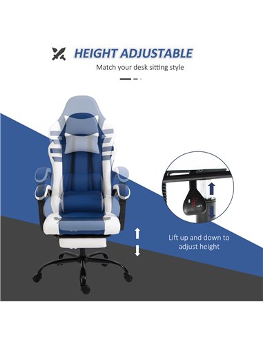 Vinsetto PU Leather Gaming Chair w/ Headrest, Footrest, Wheels, Adjustable Height, Racing Gamer Recliner, Blue White