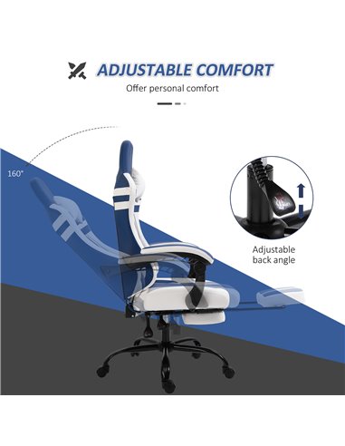 Vinsetto PU Leather Gaming Chair w/ Headrest, Footrest, Wheels, Adjustable Height, Racing Gamer Recliner, Blue White