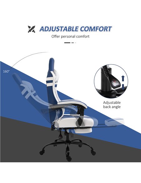 Vinsetto PU Leather Gaming Chair w/ Headrest, Footrest, Wheels, Adjustable Height, Racing Gamer Recliner, Blue White - pic 9795 | FastDaddyshop