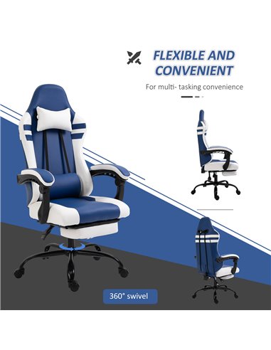 Vinsetto PU Leather Gaming Chair w/ Headrest, Footrest, Wheels, Adjustable Height, Racing Gamer Recliner, Blue White