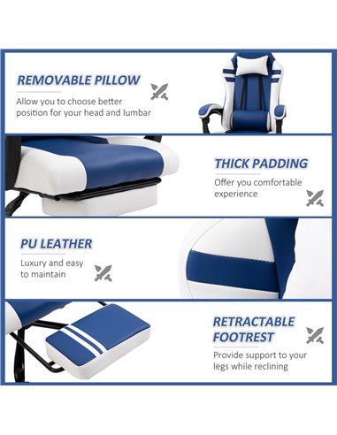 Vinsetto PU Leather Gaming Chair w/ Headrest, Footrest, Wheels, Adjustable Height, Racing Gamer Recliner, Blue White