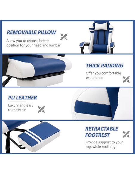 Vinsetto PU Leather Gaming Chair w/ Headrest, Footrest, Wheels, Adjustable Height, Racing Gamer Recliner, Blue White - pic 9798 | FastDaddyshop