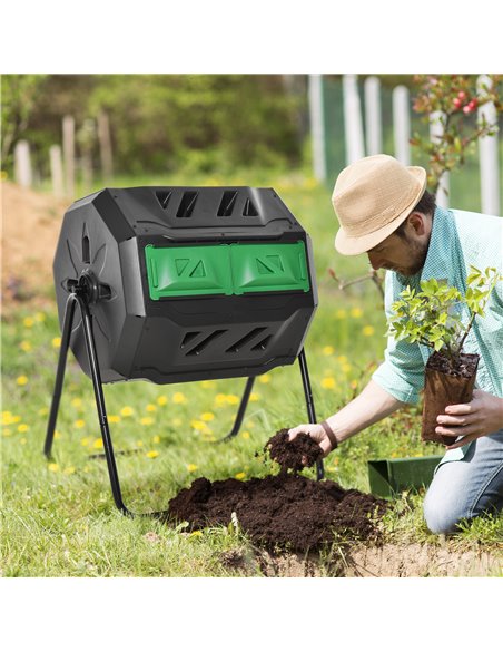 Outsunny 160L Tumbling Compost Bin Outdoor Dual Chamber 360° Rotating Composter w/ Sliding Doors & Solid Steel Frame, Black 845- - pic 97986 | FastDaddyshop