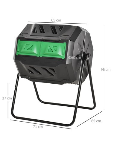 Outsunny 160L Tumbling Compost Bin Outdoor Dual Chamber 360° Rotating Composter w/ Sliding Doors & Solid Steel Frame, Black 845-