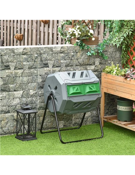 Outsunny 160L Tumbling Compost Bin Outdoor Dual Chamber 360° Rotating Composter w/ Sliding Doors & Solid Steel Frame, Grey 845-4 - pic 97995 | FastDaddyshop