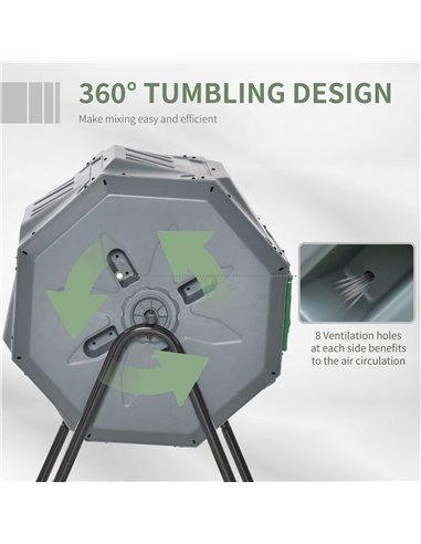 Outsunny 160L Tumbling Compost Bin Outdoor Dual Chamber 360° Rotating Composter w/ Sliding Doors & Solid Steel Frame, Grey 845-4