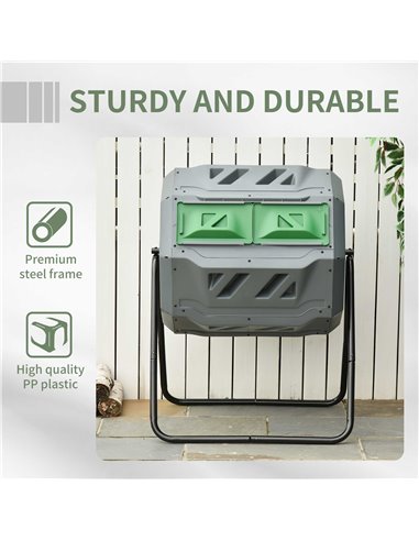 Outsunny 160L Tumbling Compost Bin Outdoor Dual Chamber 360° Rotating Composter w/ Sliding Doors & Solid Steel Frame, Grey 845-4