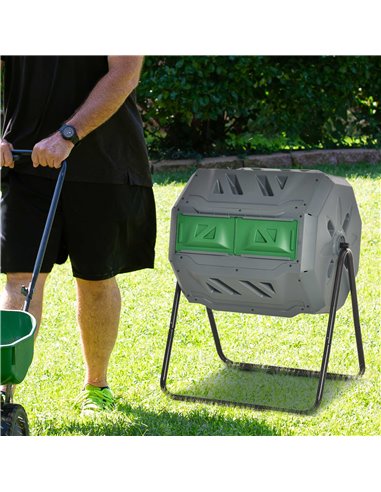 Outsunny 160L Tumbling Compost Bin Outdoor Dual Chamber 360° Rotating Composter w/ Sliding Doors & Solid Steel Frame, Grey 845-4