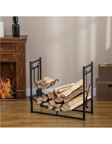 Outsunny Firewood Stand Log Rack Holder 84cm with 4-PC Fireplace Tools Set, Indoor Outdoor, Metal, Black 842-129