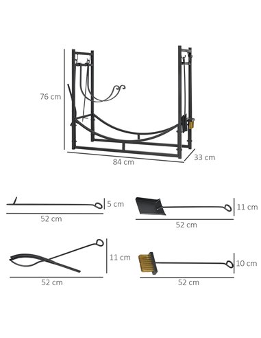 Outsunny Firewood Stand Log Rack Holder 84cm with 4-PC Fireplace Tools Set, Indoor Outdoor, Metal, Black 842-129