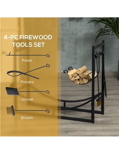 Outsunny Firewood Stand Log Rack Holder 84cm with 4-PC Fireplace Tools Set, Indoor Outdoor, Metal, Black 842-129