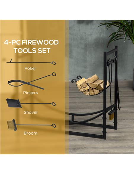 Outsunny Firewood Stand Log Rack Holder 84cm with 4-PC Fireplace Tools Set, Indoor Outdoor, Metal, Black 842-129 - pic 98024 | FastDaddyshop