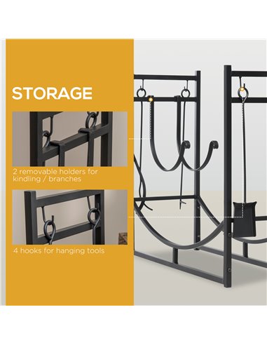 Outsunny Firewood Stand Log Rack Holder 84cm with 4-PC Fireplace Tools Set, Indoor Outdoor, Metal, Black 842-129