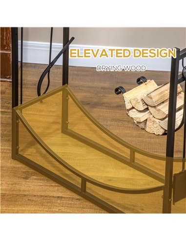Outsunny Firewood Stand Log Rack Holder 84cm with 4-PC Fireplace Tools Set, Indoor Outdoor, Metal, Black 842-129