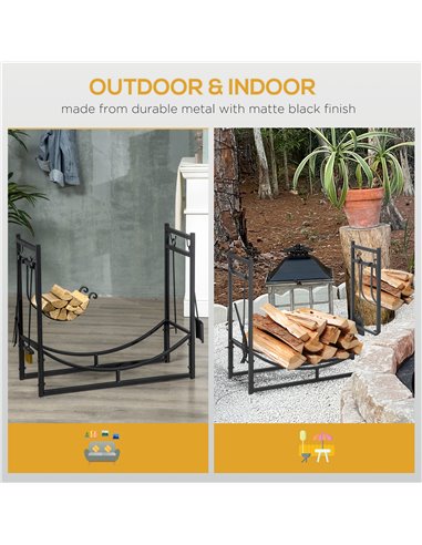 Outsunny Firewood Stand Log Rack Holder 84cm with 4-PC Fireplace Tools Set, Indoor Outdoor, Metal, Black 842-129