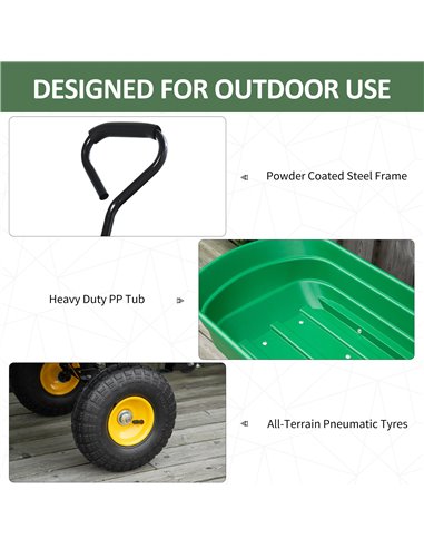 Outsunny 75 Litre Large Garden Cart Heavy Duty 4 Wheel Trolley Dump Wheelbarrow Tipping Truck Trailer - Green 845-636