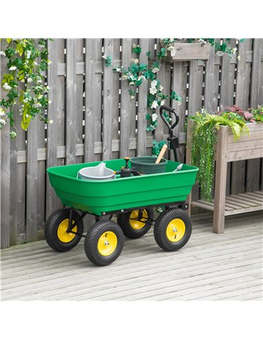 Outsunny 125 Litre Large Garden Cart Heavy Duty 4 Wheel Trolley Dump Wheelbarrow Tipping Truck Trailer - Green 845-636V01