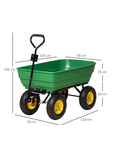 Outsunny 125 Litre Large Garden Cart Heavy Duty 4 Wheel Trolley Dump Wheelbarrow Tipping Truck Trailer - Green 845-636V01