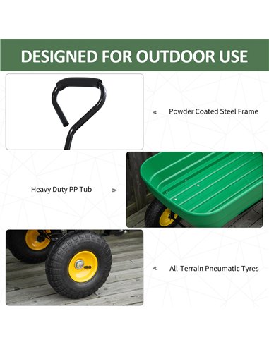 Outsunny 125 Litre Large Garden Cart Heavy Duty 4 Wheel Trolley Dump Wheelbarrow Tipping Truck Trailer - Green 845-636V01