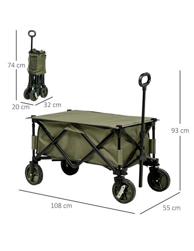 Outsunny Folding Garden Trolley on Wheels, Collapsible Camping Trolley with Folding Board, Outdoor Utility Wagon with Steel Fram