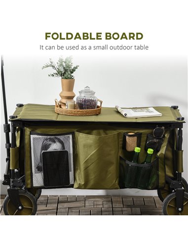 Outsunny Folding Garden Trolley on Wheels, Collapsible Camping Trolley with Folding Board, Outdoor Utility Wagon with Steel Fram