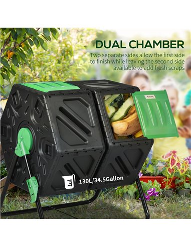 Outsunny Dual Chamber Garden Compost Bin, 130L Rotating Composter, Compost Maker with Ventilation Openings and Steel Legs 845-91
