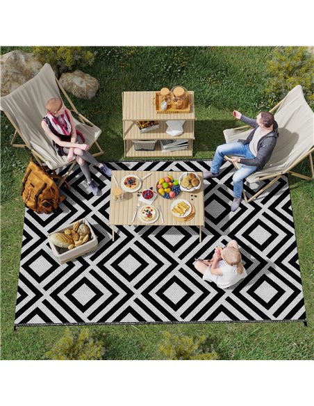 Outsunny Reversible Outdoor Mat, Plastic Straw Rug with Carry Bag & Ground Stakes, Black and White Rhombus, 182x274cm 844-637V01 - pic 98301 | FastDaddyshop