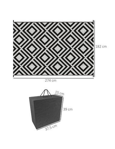 Outsunny Reversible Outdoor Mat, Plastic Straw Rug with Carry Bag & Ground Stakes, Black and White Rhombus, 182x274cm 844-637V01
