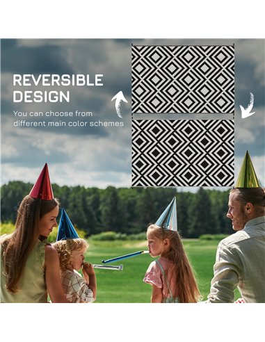 Outsunny Reversible Outdoor Mat, Plastic Straw Rug with Carry Bag & Ground Stakes, Black and White Rhombus, 182x274cm 844-637V01