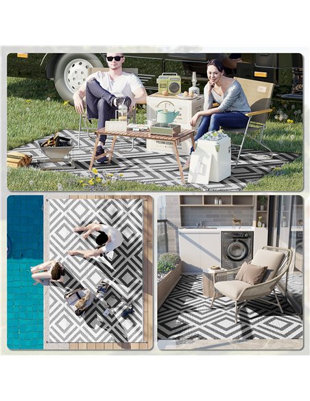 Outsunny Reversible Outdoor Mat, Plastic Straw Rug with Carry Bag & Ground Stakes, Black and White Rhombus, 182x274cm 844-637V01 - pic 98304 | FastDaddyshop