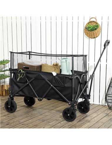 Outsunny Folding Garden Trolley, 180L Wagon Cart with Extendable Side Walls for Beach, Camping, Festival - Black 84H-132V00BK