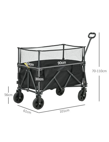 Outsunny Folding Garden Trolley, 180L Wagon Cart with Extendable Side Walls for Beach, Camping, Festival - Black 84H-132V00BK